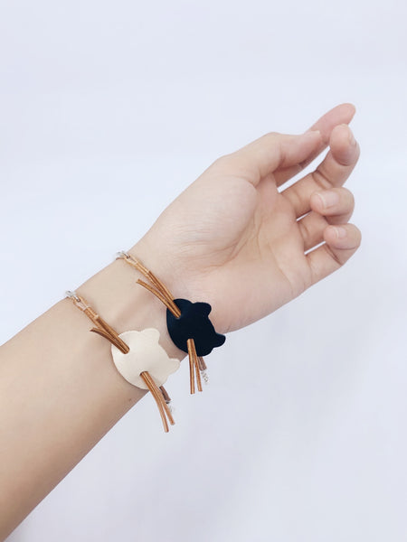 Bracelet | Silver Bangle with Whiskers Leather Cat Face