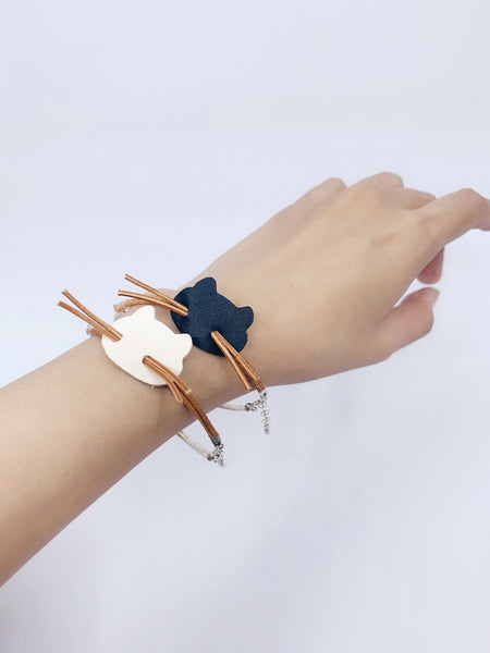 Bracelet | Silver Bangle with Whiskers Leather Cat Face